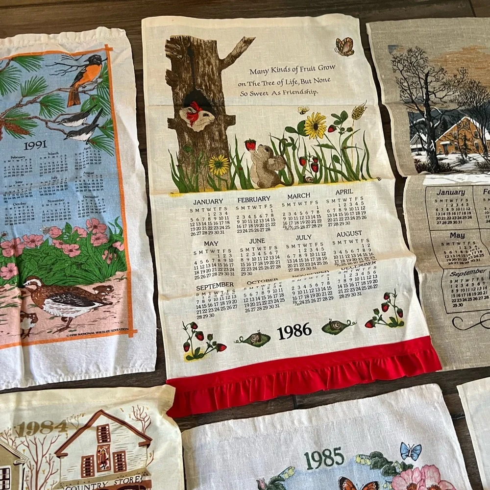 Lot 9 VTG 1980s Linen Calendar Towels Country Farmhouse Folk Kitchen Tea Towels - Picture 4 of 10